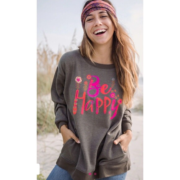 Natural Life Be Happy Sweatshirt Women’s Medium Green Pullover Crewneck - Picture 1 of 10